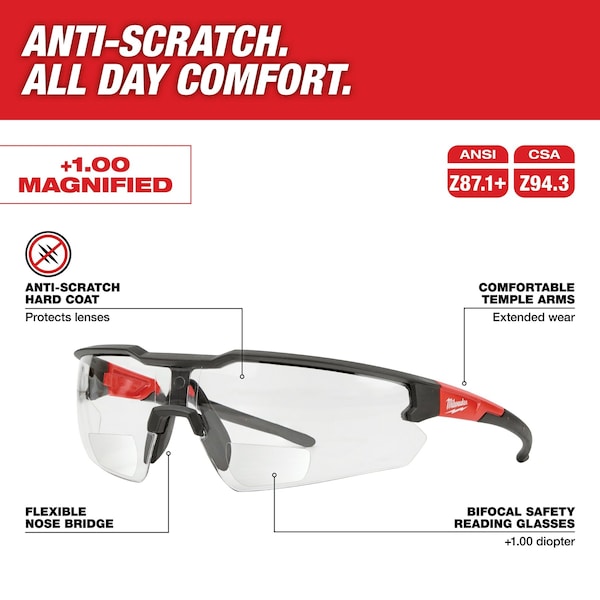 Milwaukee Tool Reader Safety Glasses Anti-Fog, Anti-Static & Anti-Scratch, Clear Lens, Wraparound - 48-73-2201