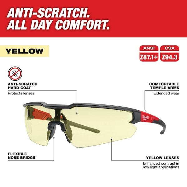 Milwaukee Tool Safety Glasses Anti-Scratch, Yellow Lens, Half-Frame, Wraparound - 48-73-2101