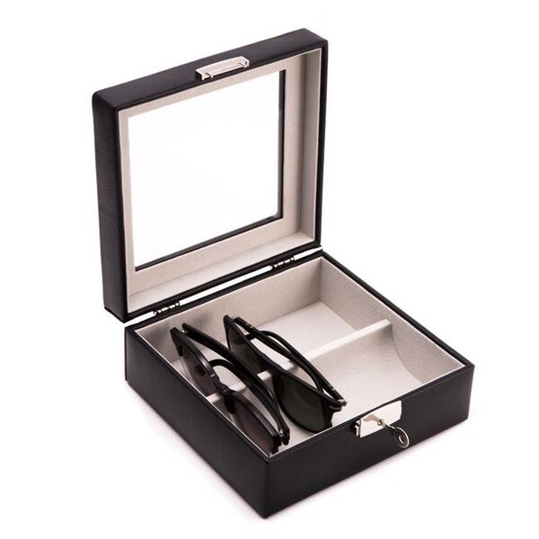 Bey Berk International Bey-Berk International BB673BLK Leather Multi Eyeglass Case with Glass Top & Locking Clasp with Soft Velour Lining - Black - BB673BLK