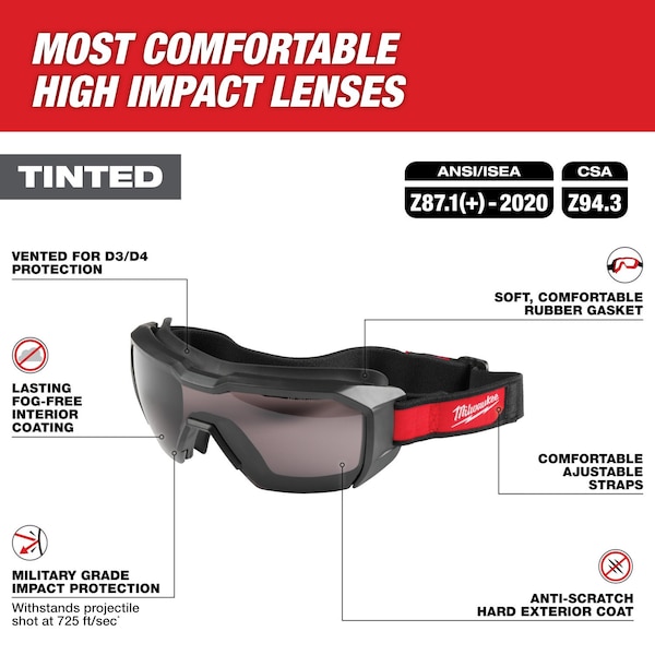 Milwaukee Tool Safety Goggles, Anti-Fog, Anti-Scratch, Black Lens, D3, D4 ANSI/Dust Splash Rating, Universal - 48-73-2061