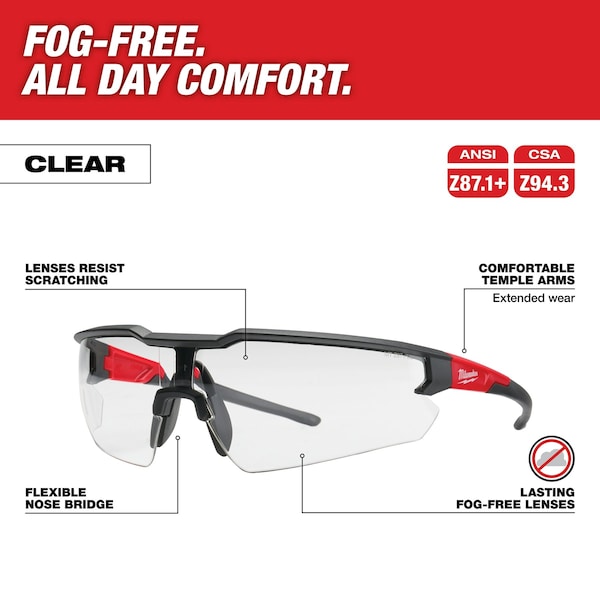Milwaukee Tool Safety Glasses Anti-Fog &  Anti-Scratch, Clear Lens, Half-Frame, Wraparound - 48-73-2013