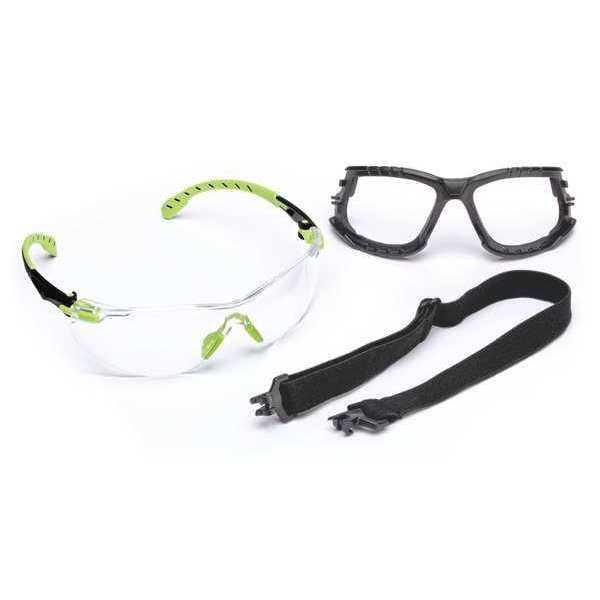 3M Solus Safety Glasses Kit, Strap, Removable Foam Gasket, Anti-Fog/Scratch, Black/Green, Clear Lens - S1201SGAF-KT