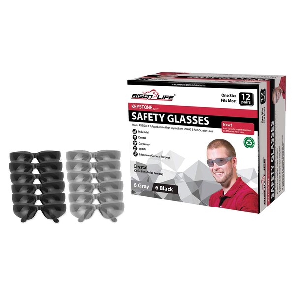 Bison Life Keystone, Safety Glasses Anti-Scratch, Gray & Black Lens, 12 PK - BL-KSSG1-CLCT-GYBK-12