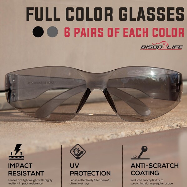 Bison Life Keystone, Safety Glasses Anti-Scratch, Gray & Black Lens, 12 PK - BL-KSSG1-CLCT-GYBK-12