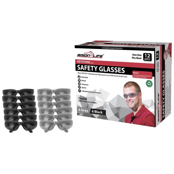 Bison Life Keystone, Safety Glasses Anti-Scratch, Gray & Black Lens, 12 PK - BL-KSSG1-CLCT-GYBK-12