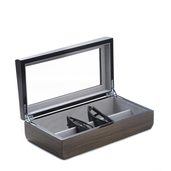 Bey Berk International Bey-Berk International BB682GRY Lacquered Silver Walnut Wood Multi Eyeglass Case with Glass Top & Velour Lined - Grey - BB682GRY