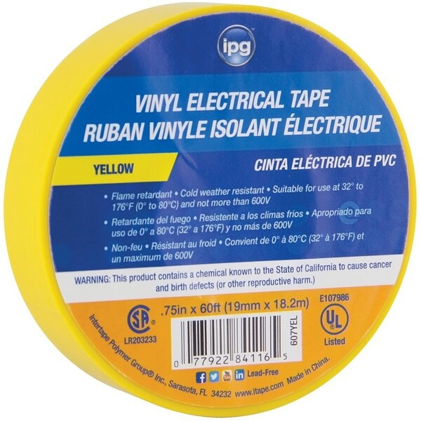 Cinta eléctrica Intertape, 60 pies de longitud, 3/4 pulgadas de ancho, respaldo de PVC, amarilla - 85830
