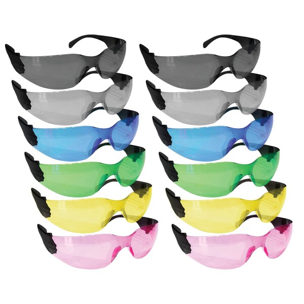 Bison Life Keystone, Safety Glasses Anti-Scratch, Assorted: Green, Pink, Blue, Gray, Yellow, Black Lens, 12 PK - BL-KSSG1-CLBT-ADP-12