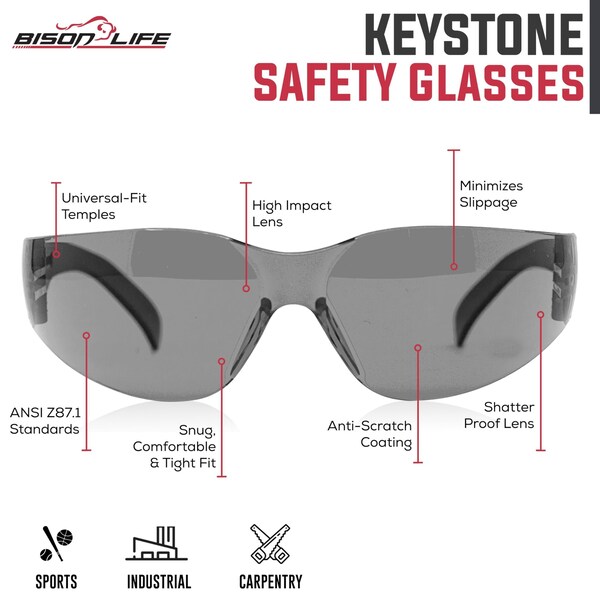 Bison Life Keystone, Safety Glasses Anti-Scratch, Assorted: Green, Pink, Blue, Gray, Yellow, Black Lens, 12 PK - BL-KSSG1-CLBT-ADP-12