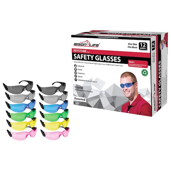 Bison Life Keystone, Safety Glasses Anti-Scratch, Assorted: Green, Pink, Blue, Gray, Yellow, Black Lens, 12 PK - BL-KSSG1-CLBT-ADP-12