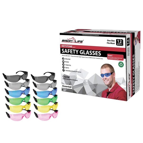 Bison Life Keystone, Safety Glasses Anti-Scratch, Assorted: Green, Pink, Blue, Gray, Yellow, Black Lens, 12 PK - BL-KSSG1-CLBT-ADP-12