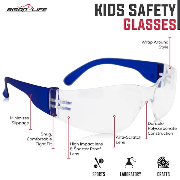 Bison Life Crystal Kids, Kids Safety Glasses Assorted Lens, 12 PK - BLSH-ESCRK-CLLCT-SGAK-12