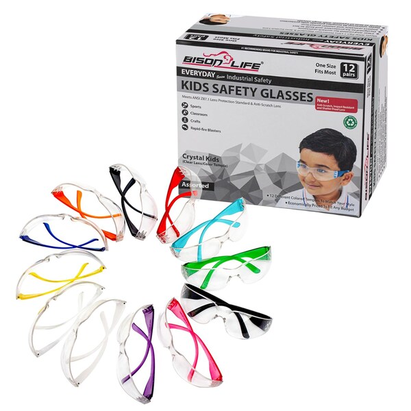Bison Life Crystal Kids, Kids Safety Glasses Assorted Lens, 12 PK - BLSH-ESCRK-CLLCT-SGAK-12