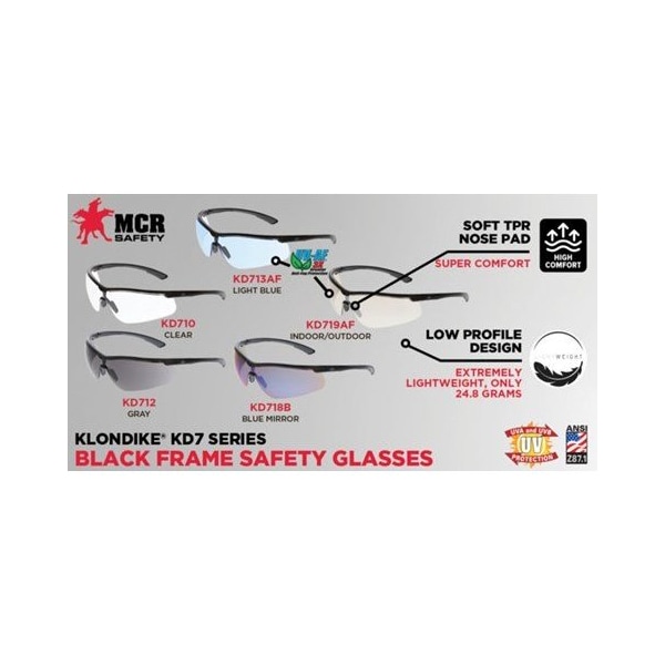 Mcr Safety Klondike KD7, Safety Glasses Anti-Scratch, Gray Lens, Half-Frame, Wraparound - KD712