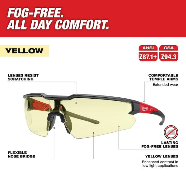 Milwaukee Tool Safety Glasses - Yellow Fog-Free Lenses - 48-73-2102