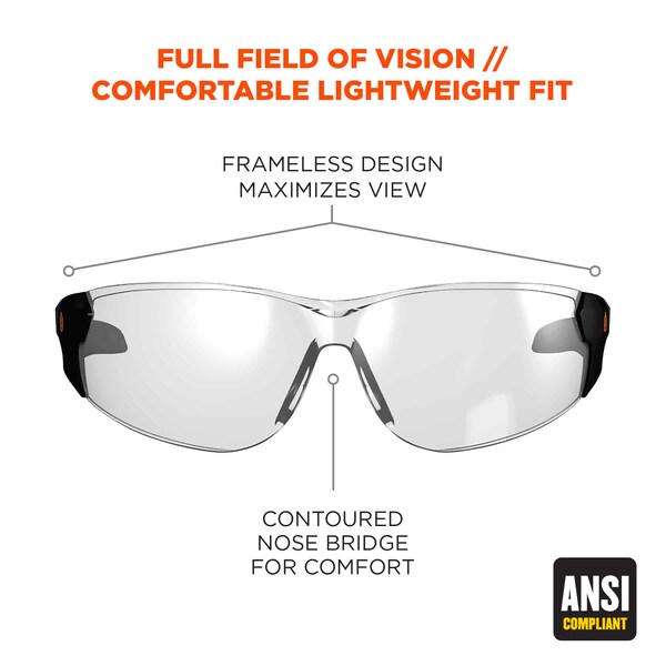 Ergodyne Safety Glasses Anti-Fog, Indoor/Outdoor Lens, Frameless - SAGA-AF