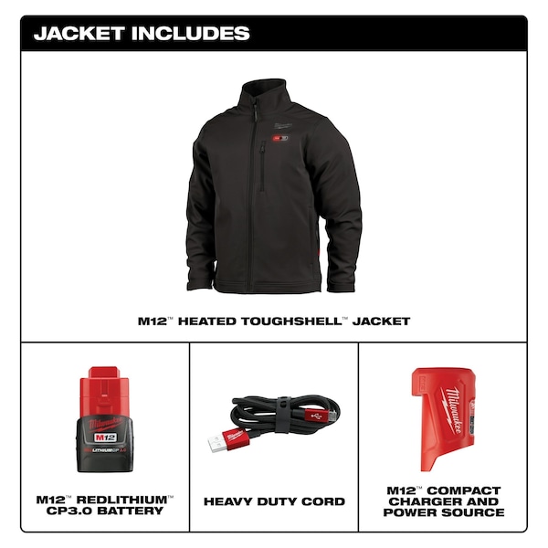 Milwaukee Tool M12 Heated TOUGHSHELL Jacket Kit, Heats Up to 12 hrs, 44 in Max Chest, 4 Outside Pockets, Black, L - 204B-21L