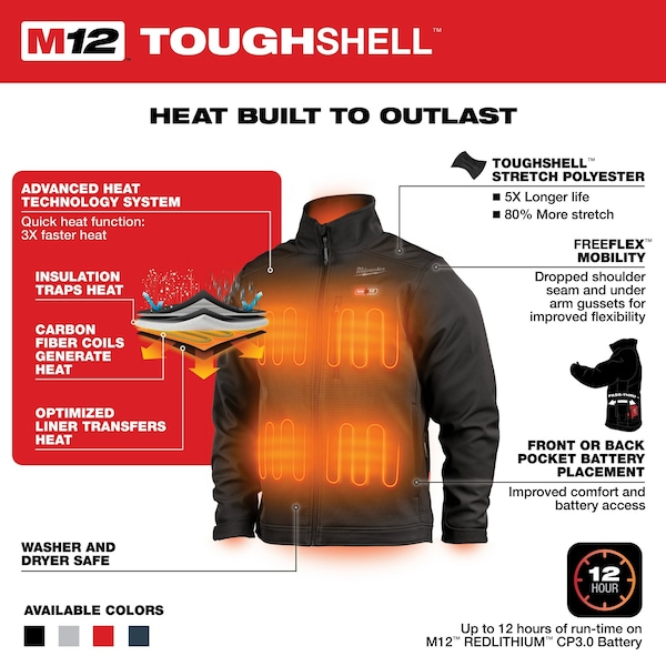 Milwaukee Tool M12 Heated TOUGHSHELL Jacket Kit, Heats Up to 12 hrs, 44 in Max Chest, 4 Outside Pockets, Black, L - 204B-21L