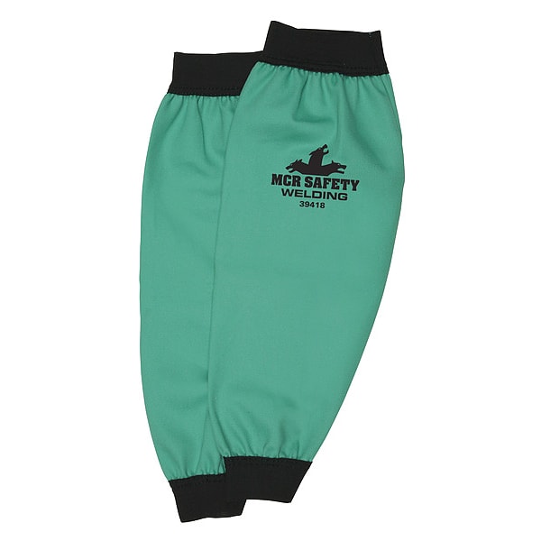 Mcr Safety Welding Sleeves, Limited Flammability, Sateen Finish Cotton, Elastic Wrist, Green, 18 in L, 1 Pair - 39418