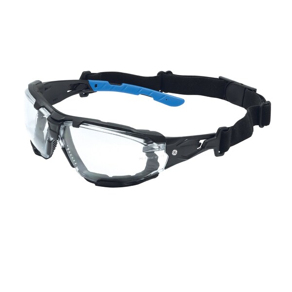 Ge Safety Glasses, Clear Anti-Fog &  Anti-Scratch Lens, Polycarbonate, Black/Blue - GE105CAF