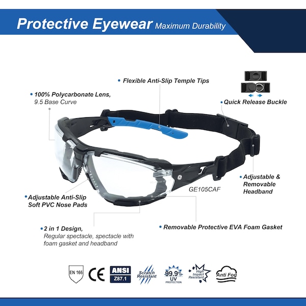 Ge Safety Glasses, Clear Anti-Fog &  Anti-Scratch Lens, Polycarbonate, Black/Blue - GE105CAF