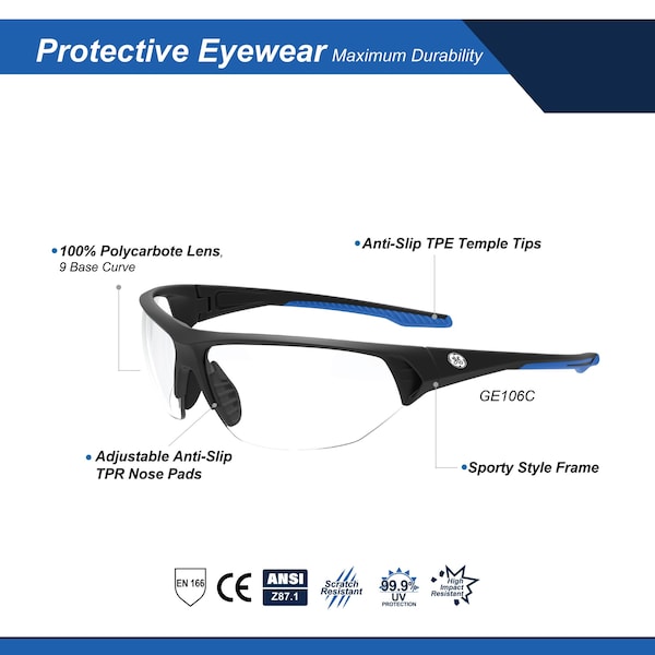 Ge Safety Glasses, Clear Anti-Scratch Lens, Polycarbonate, Black/Blue - GE106C