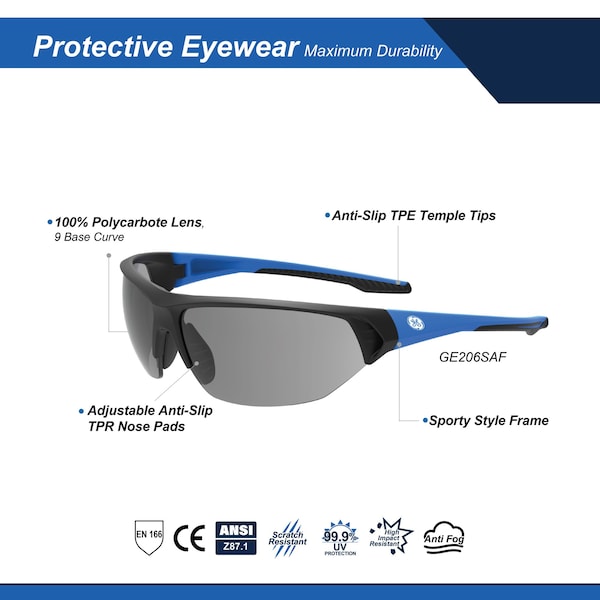 Ge Safety Glasses, Smoke Anti-Fog &  Anti-Scratch Lens, Polycarbonate, Black/Blue - GE206SAF