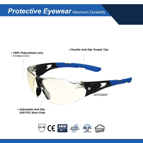 Ge Safety Glasses, Mirror, I/O Anti-Fog &  Anti-Scratch Lens, Polycarbonate, Black/Blue - GE205MAF