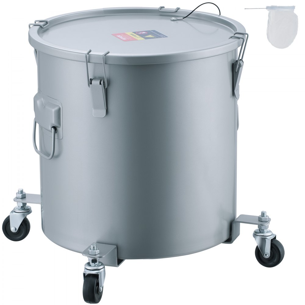 VEVOR Fryer Grease Bucket, 8 Gal Oil Disposal Caddy with Caster Base, Carbon Steel with Rust-Proof Coating, Oil Transport Container with Lid, Lock Clips, Filter Bag for Hot Cooking Oil Filtering, Gray - DJLZGYZTTGPSPYAT5V0