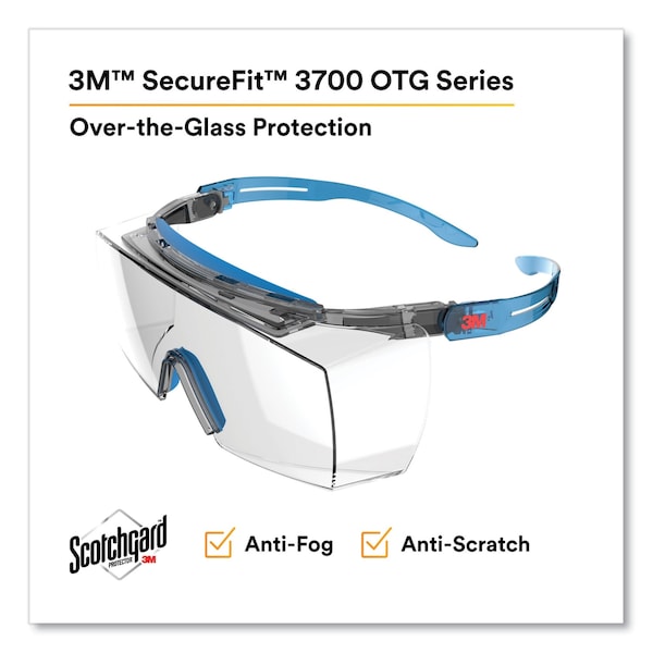 3M SecureFit Protective Eyewear, 3700 OTG Series, Blue Plastic Frame, Clean Polycarbonate Lens - 7100203198