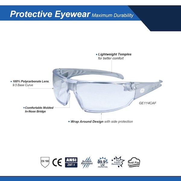 Ge Safety Glasses, Clear Anti-Fog Lens, Clear - GE114CAF