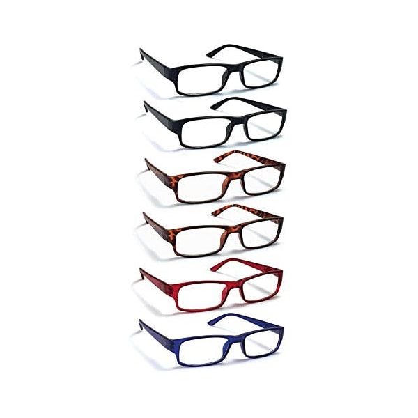 Boost Eyewear Reading Glasses, Traditional Frames in Black, Tortoise Shell, Blue and Red, 6PK - 27150