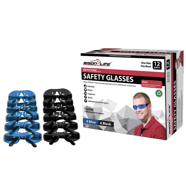 Bison Life Keystone, Safety Glasses Anti-Scratch, Blue & Black Lens, 12 PK - BL-KSSG1-CLBT-BLBK-12