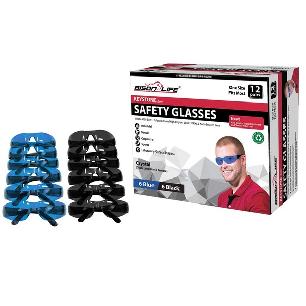 Bison Life Keystone, Safety Glasses Anti-Scratch, Blue & Black Lens, 12 PK - BL-KSSG1-CLBT-BLBK-12