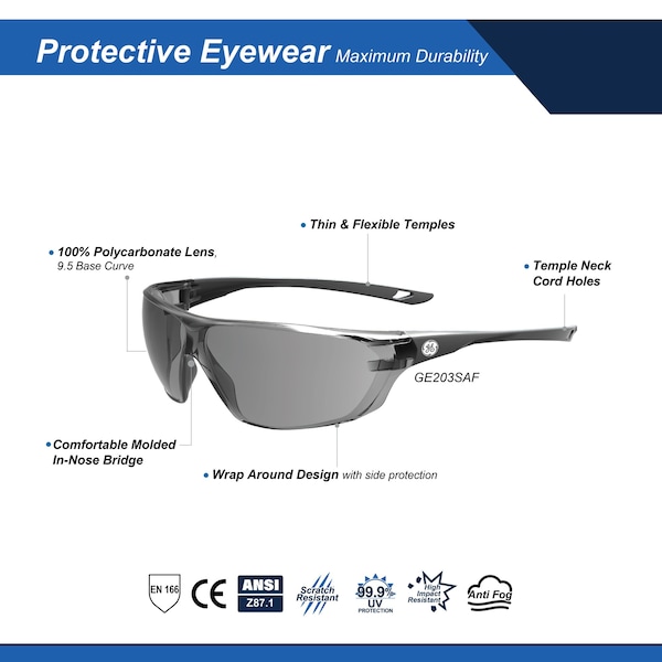 Ge Safety Glasses, Smoke Anti-Fog &  Anti-Scratch Lens, Polycarbonate, Gray - GE203SAF
