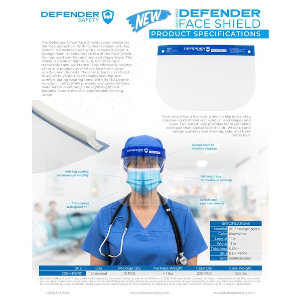 Defender Safety Face Shield, Disposable, AllRound Protection Headband Clear AntiFog Lens, 10 pack - DSM-FS-01