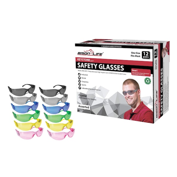 Bison Life Keystone, Safety Glasses Anti-Scratch, Assorted Lens, 12 PK - BL-KSSG1-CLCT-ADP-12