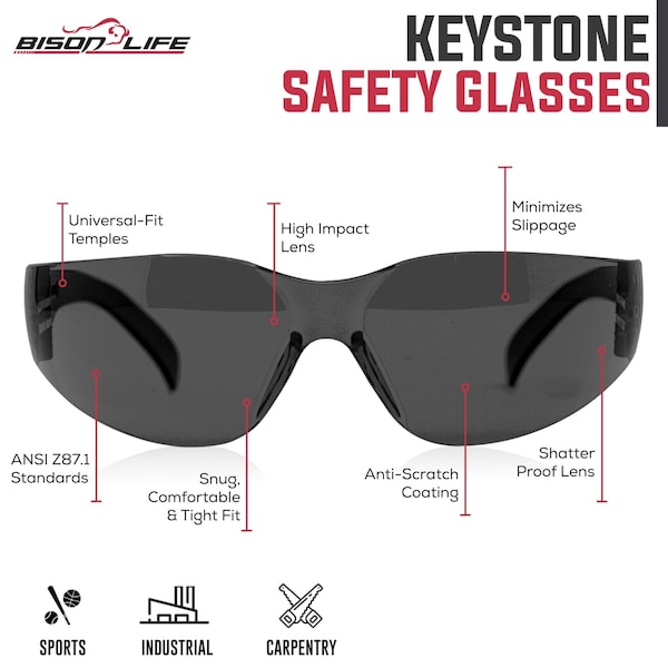 Bison Life Keystone, Safety Glasses Anti-Scratch, Assorted Lens, 12 PK - BL-KSSG1-CLCT-ADP-12