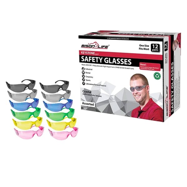 Bison Life Keystone, Safety Glasses Anti-Scratch, Assorted Lens, 12 PK - BL-KSSG1-CLCT-ADP-12