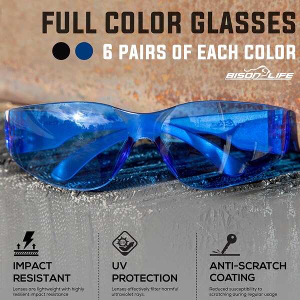 Bison Life Keystone, Safety Glasses Anti-Scratch, Blue & Black Lens, 12 PK - BL-KSSG1-CLCT-BLBK-12