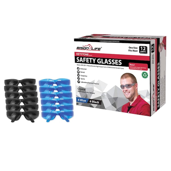 Bison Life Keystone, Safety Glasses Anti-Scratch, Blue & Black Lens, 12 PK - BL-KSSG1-CLCT-BLBK-12