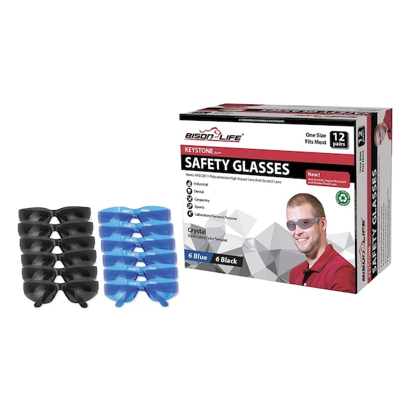 Bison Life Keystone, Safety Glasses Anti-Scratch, Blue & Black Lens, 12 PK - BL-KSSG1-CLCT-BLBK-12