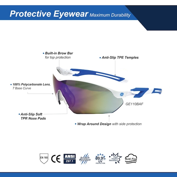 Ge Safety Glasses, Blue Mirror Anti-Fog Lens, White/Blue - GE110BAF