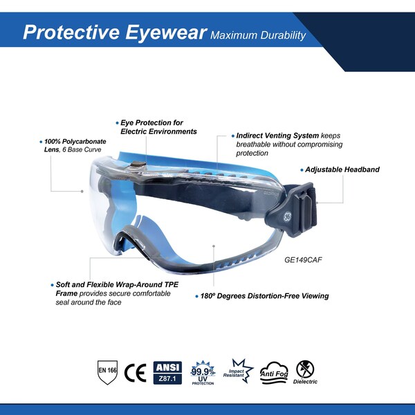 Ge Safety Googles, Anti-Fog, Adjustable Headband - GE149CAF