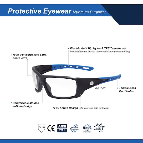 Ge Safety Glasses, Clear Anti-Scratch Lens, Polycarbonate, Black/Blue - GE104C