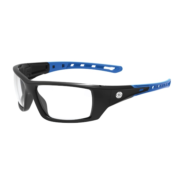 Ge Safety Glasses, Clear Anti-Scratch Lens, Polycarbonate, Black/Blue - GE104C