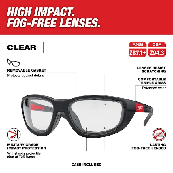 Milwaukee Tool Clear Performance Safety Glasses w/Gasket - 48-73-2040