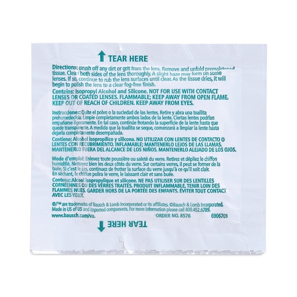 Bausch + Lomb Sight Savers Pre-Moistened Anti-Fog Tissues with Silicone, PK100 - 8576