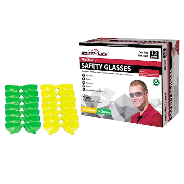 Bison Life Keystone, Safety Glasses Anti-Scratch, Yellow & Green Lens, 12 PK - BL-KSSG1-CLCT-YGR-12
