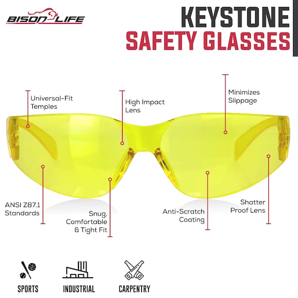 Bison Life Keystone, Safety Glasses Anti-Scratch, Yellow & Green Lens, 12 PK - BL-KSSG1-CLCT-YGR-12